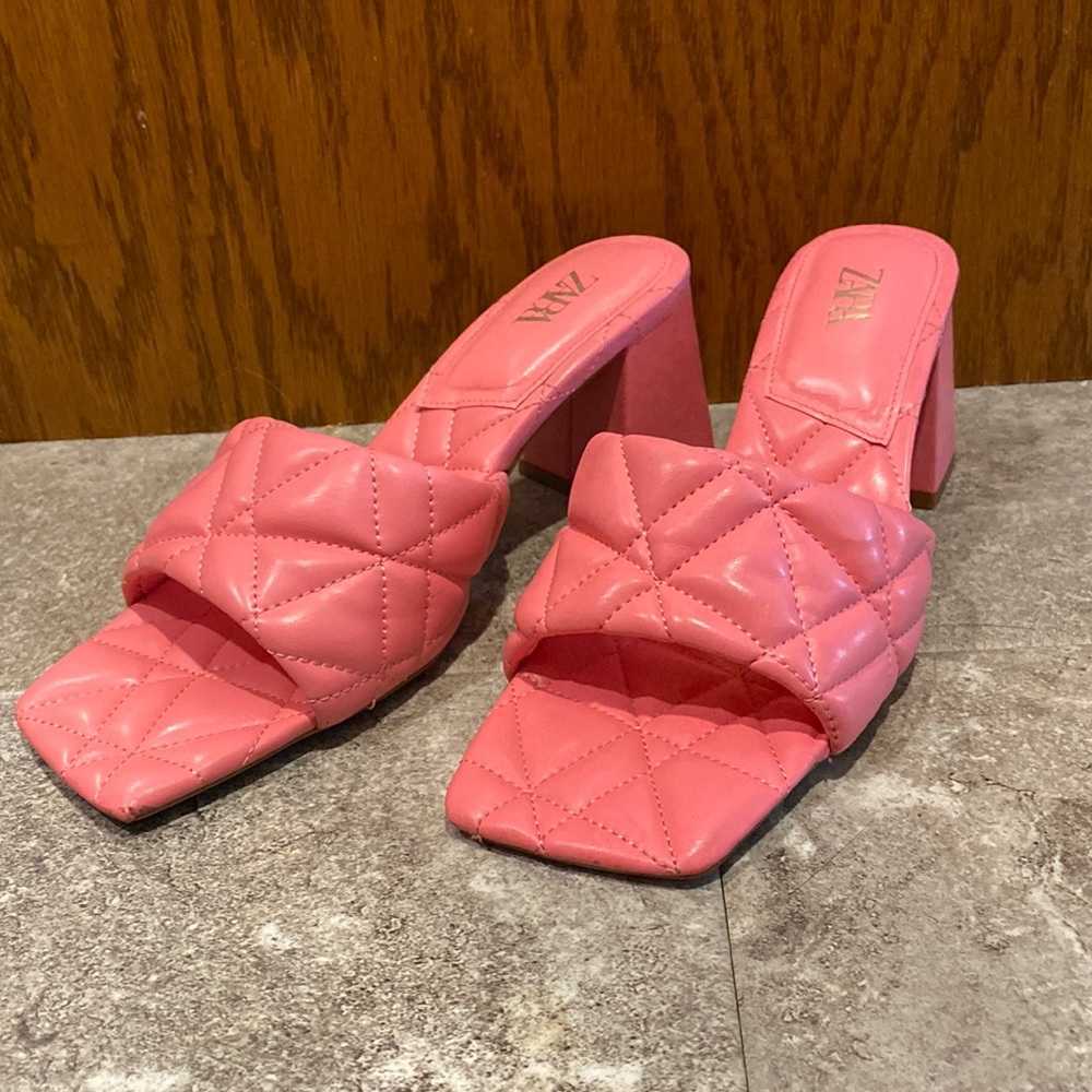 Zara Quilted Puffy Pink Square Toe Heeled Mule Sandal